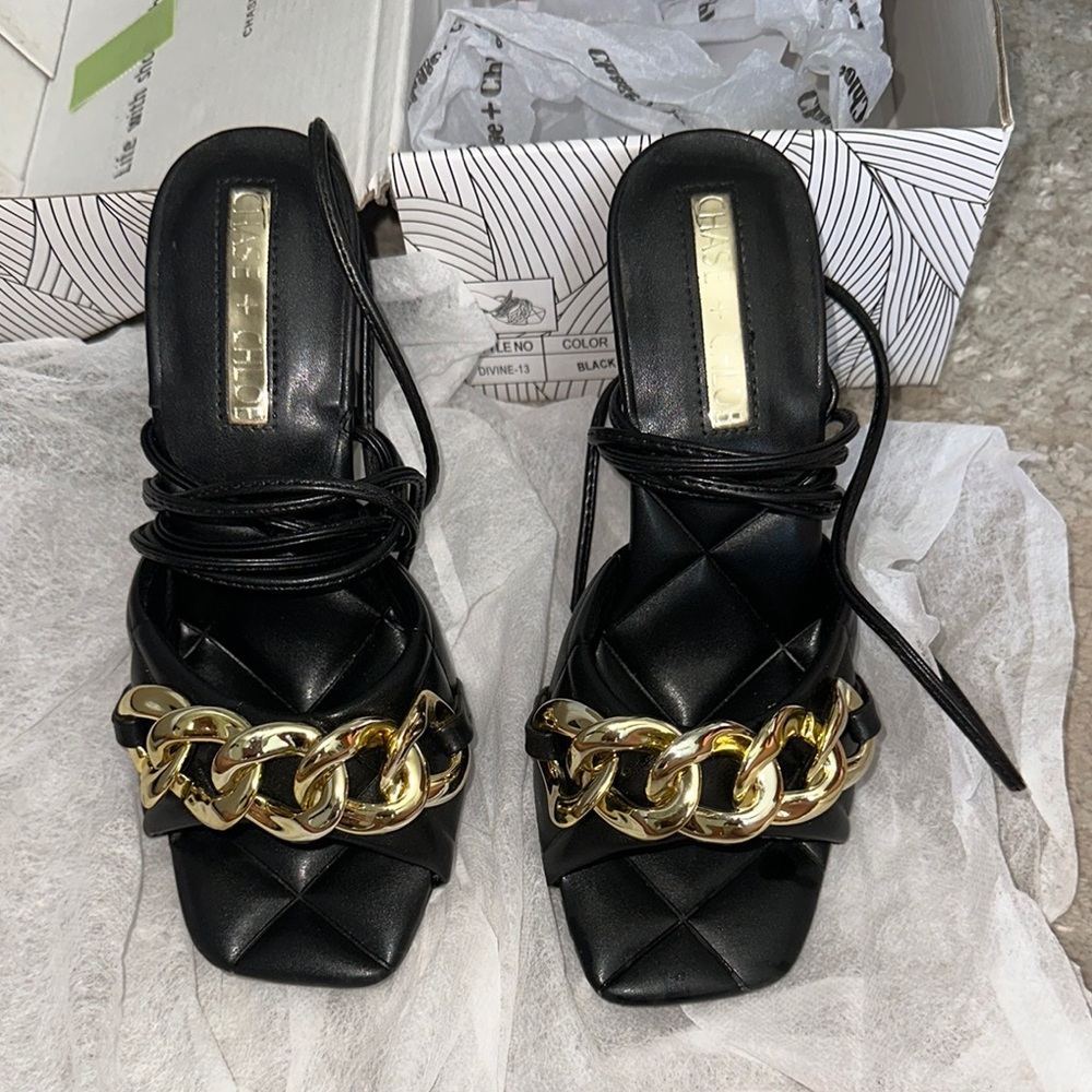 Chase + Chloe Black and Gold Heels with Chain Detail